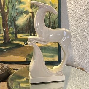 Elegant Cream Ceramic Gazelle Mid Century Art Deco Style Sculpture